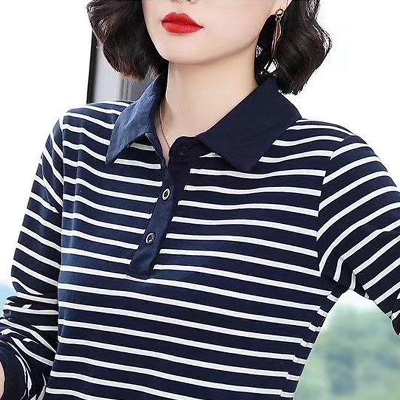 Autumn Winter Lapel Pure Cotton Striped Print T-shirt Lady Long Sleeve Loose Casual Pullover Top Women 5XL Simple All-match Tees