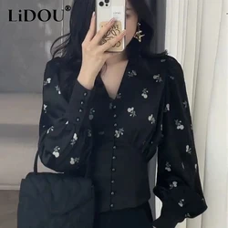 Spring Autumn V-neck Floral Print Temperament Waist Chiffon Shirt Ladies Long Sleeve Elegant Fashion All-match Cardigan Blouse