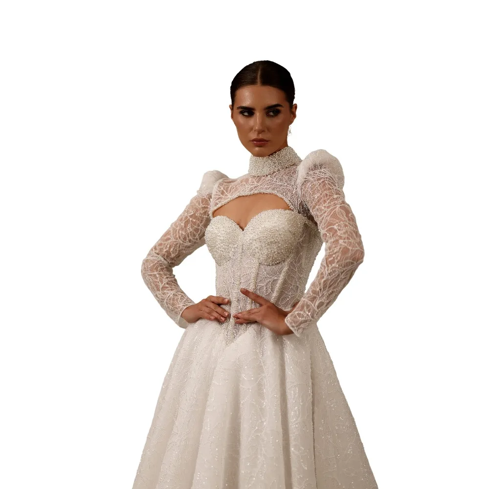 Luxury A-Line Wedding Dresses with Jacket Sexy Long Sleeves Beads Applique Lace Bridal Gowns Sweep Train Lace-Up Back Customized