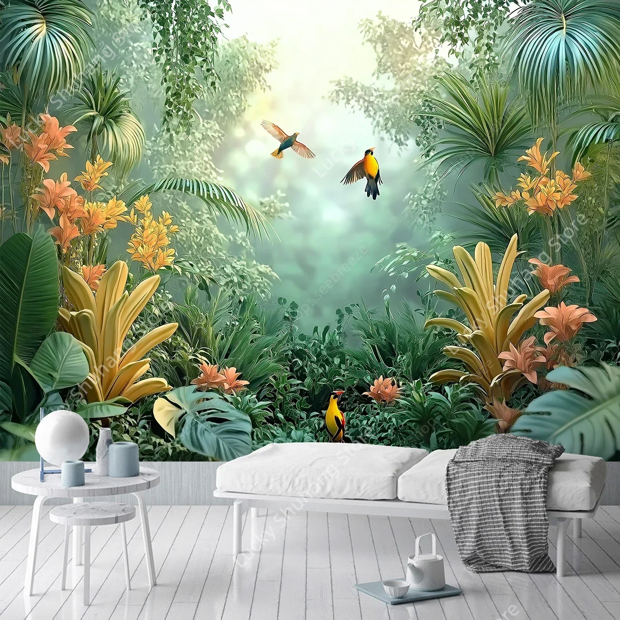 Lush Tropical Rainforest Tapestry Palm Trees Golden Bananas Soaring Birds Misty Canopy Wall Hanging Bedroom Living Room Decor