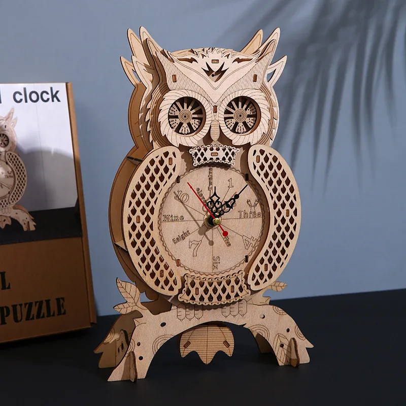 DIY 3D Wooden Owl Clock Miniature Model Kits Assembled Jigsaw Puzzles for Children Birthday Educational Gifts Home Decoration