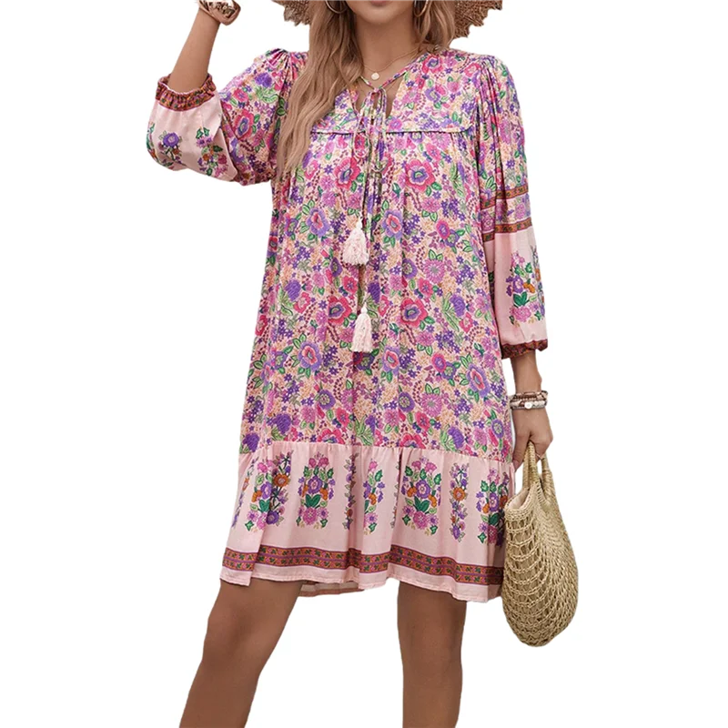【】Women Casual Spring Summer Dresses V Neck 3/4 Long Sleeve Floral Flowy Boho Babydoll Mini Short Beach Dress