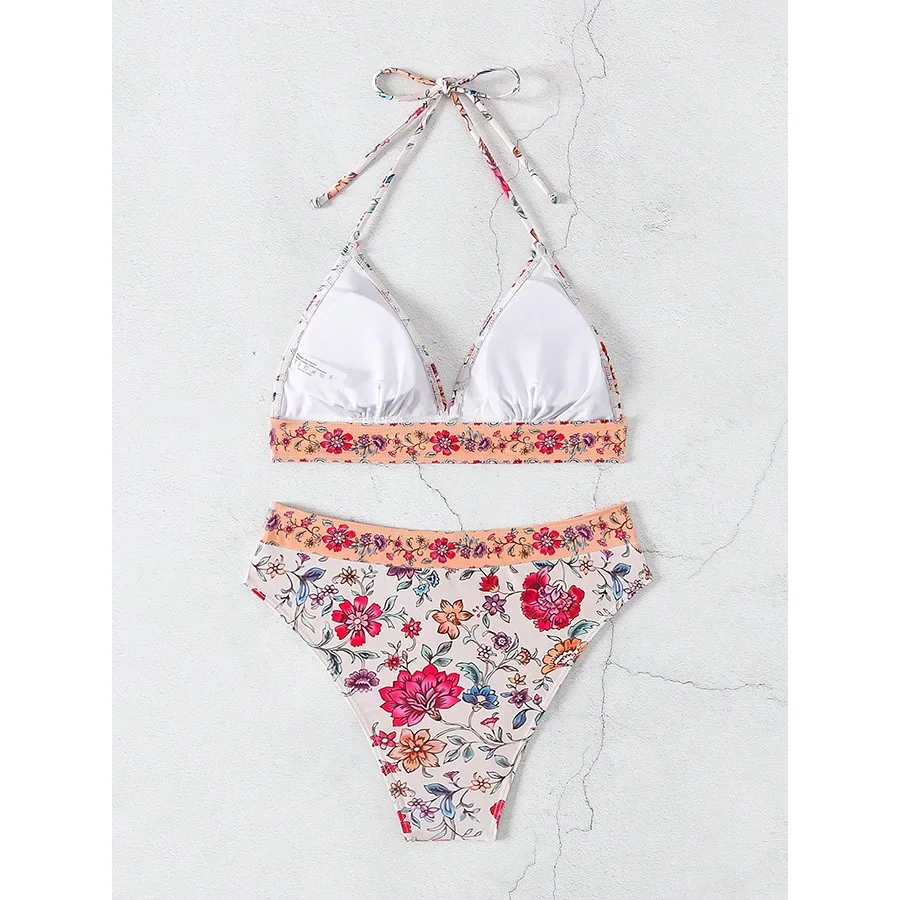 2025 Sexy Bikini-Set mit hoher Taille, Blumendruck und rückenfreiem Design, verstellbares Dreiecksoberteil und freche Unterseite für Damen, Sommerurlaub