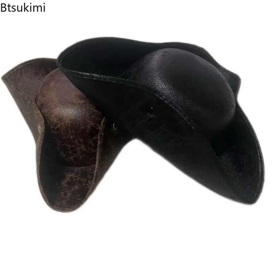 

New Vintage Faux Leather Pirate Hat Colonial Style Captain Hat Lightweight Breathable Sun Protection Hat Halloween Cosplay Props