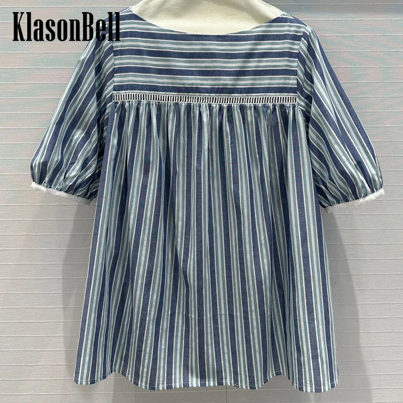 

7.11 KlasonBell Women's Crochet Weave Hollow Out Spliced Striped Print Short Sleeve Blouse Or High Waist A-Line Shorts Set