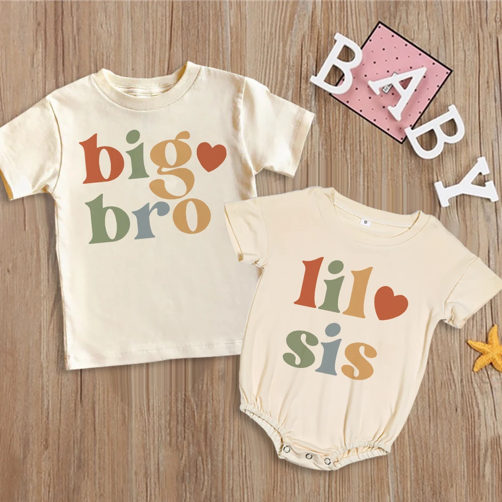 Big Brother Little Sister Printed Shirt Retro Sibling Matching Clothes Kids Short Sleeve T-shirt Tops Baby Large Bubbles Romper