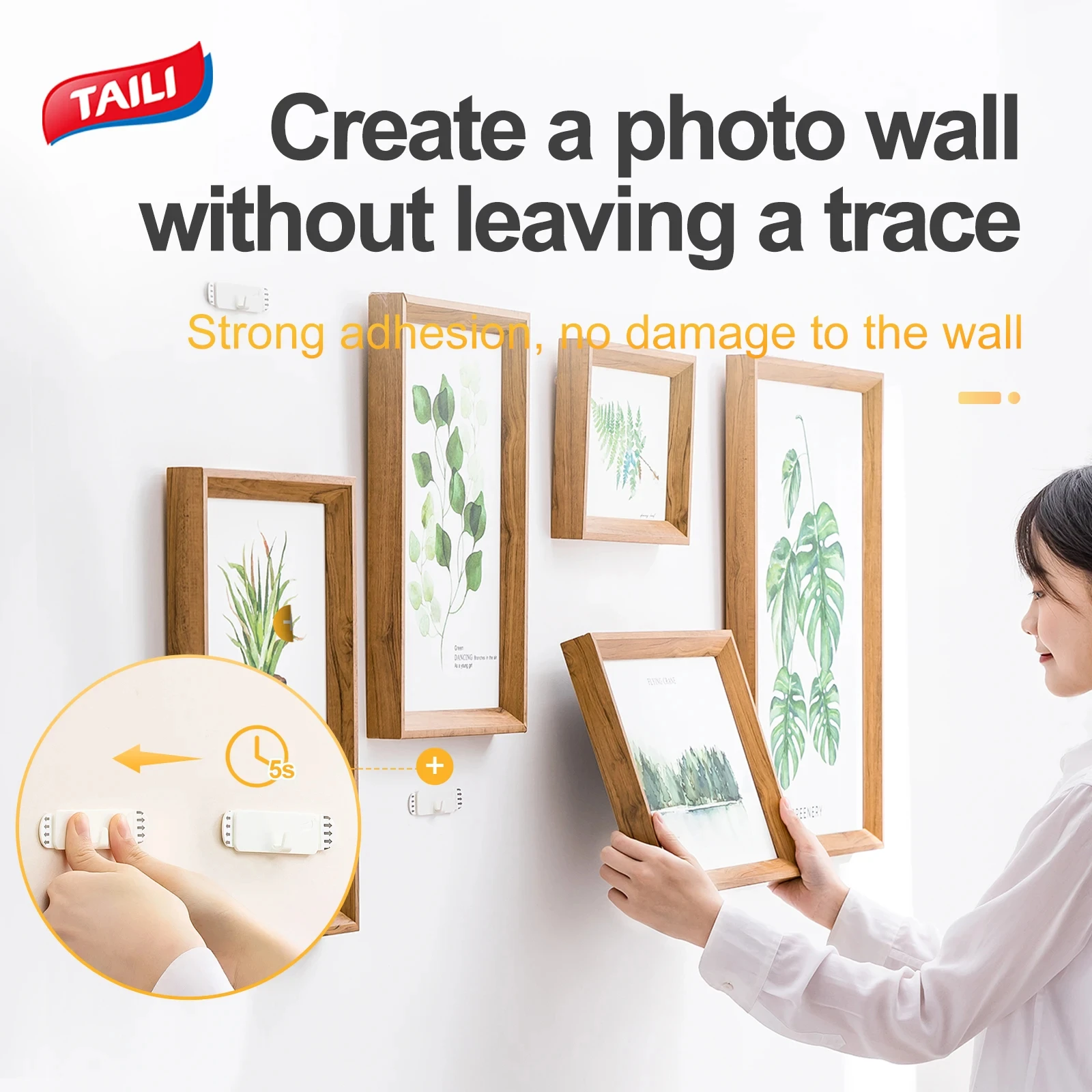 

TAILI Photo Frame Hook Picture Hangers 4 Pack, Adhesive Picture Hanging Hooks without Nails, No Damage Sawtooth Picture Hangers