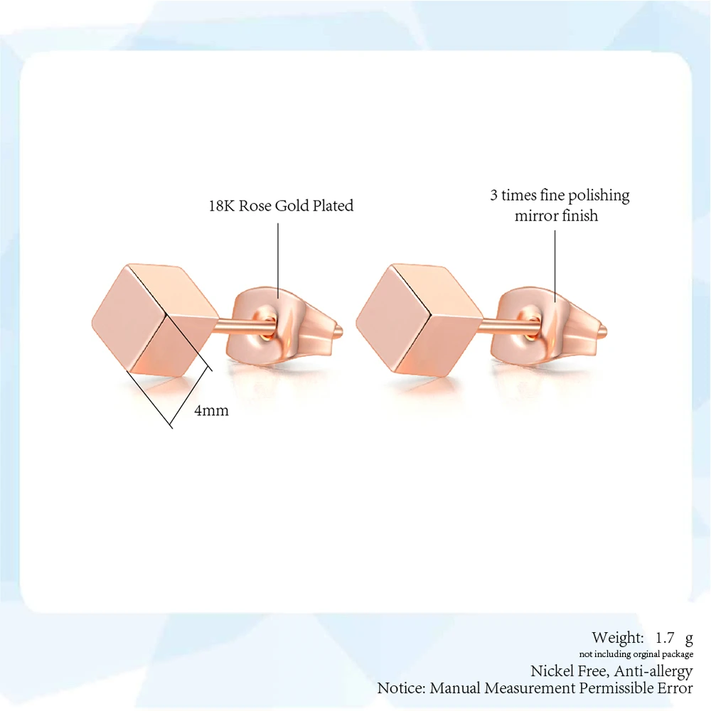Simple Cute Cube Shaped Geometric Stud Earrings For Women Rose Gold Color For Female Daily Party Gift Fashion Jewelry E536