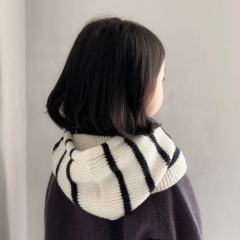 Cappello lavorato a maglia invernale a righe 2 in 1 per bambini - Berretto caldo con collo antivento e sciarpa monopezzo per ragazzi e ragazze