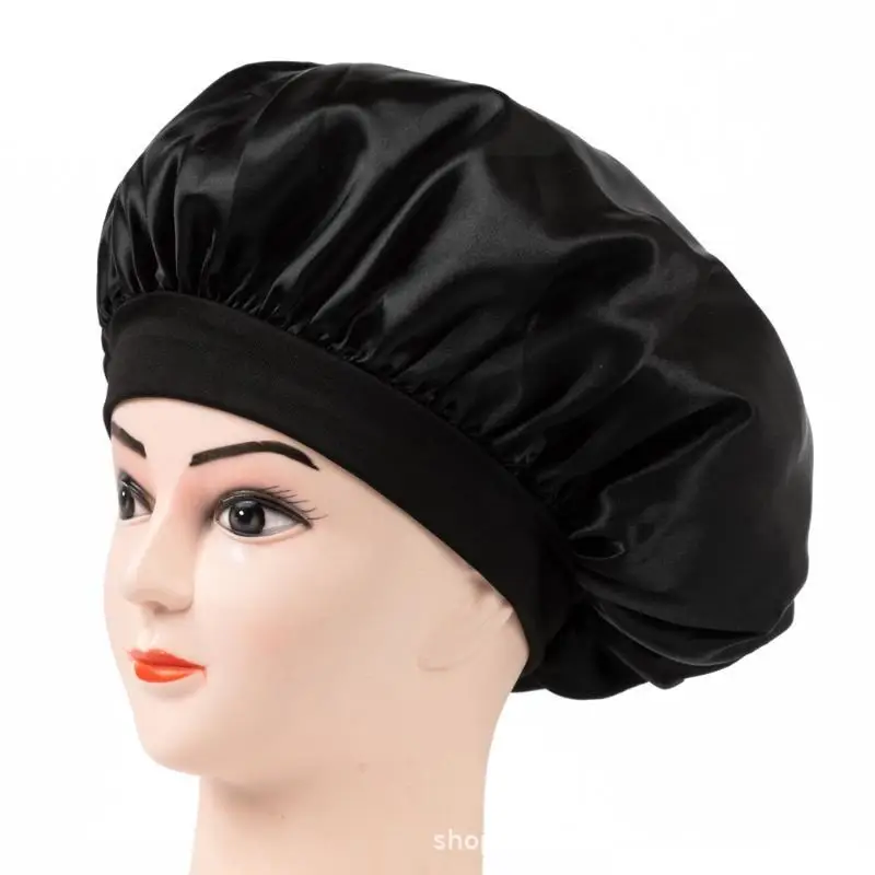 Weiche Satin-Schlafmütze, mehrfarbig, mit breitem elastischem Band, Anti-Frizz-Nachtschlafmütze für lockiges Haar, Haarpflege über Nacht – Detail 4