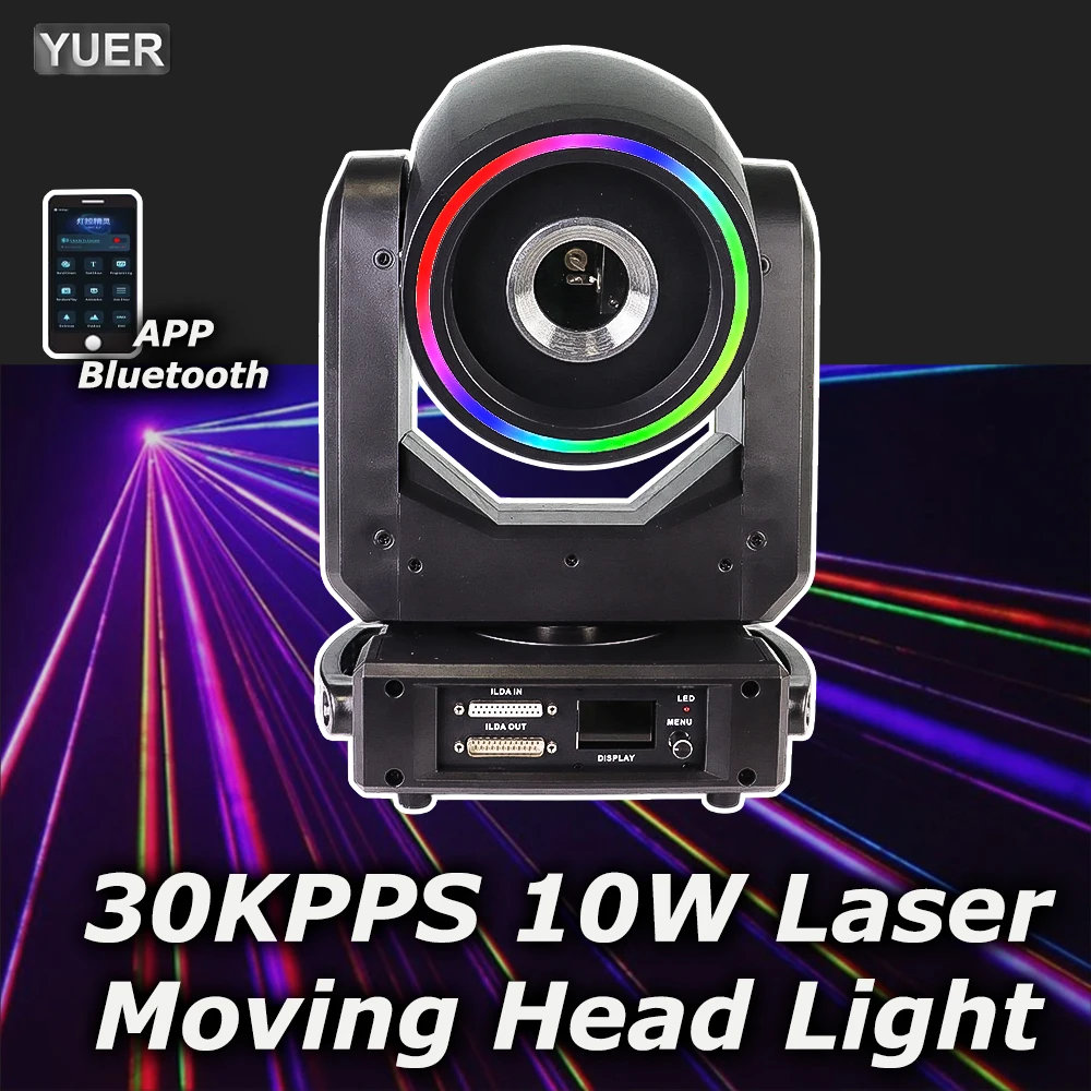

YUER APP Control 30KPPS 10W RGB Laser Moving Head Light With SMD Ring Beam Pattern Scanner Projector Stage Laser Light DMX512 DJ
