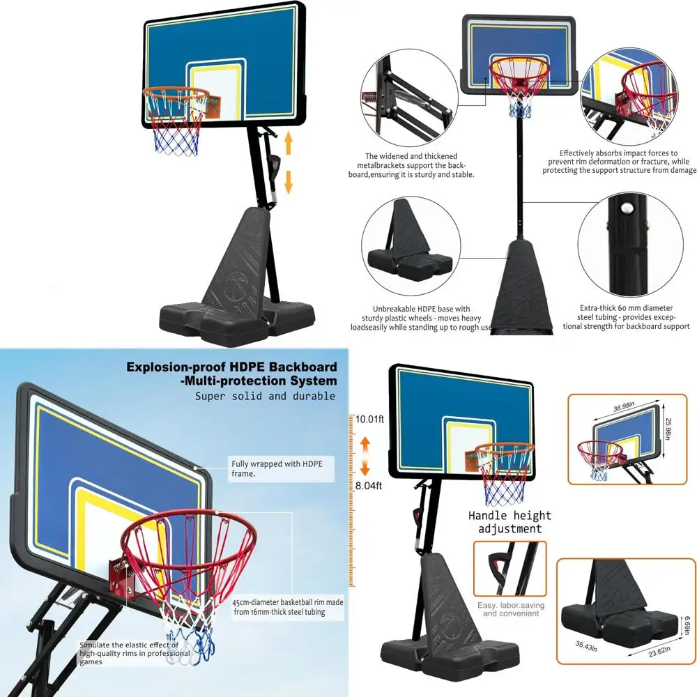 

Adjustable Height Outdoor Basketball Goal - Portable 8.04-10FT Goal with 44 Inch Shatterproof Backboard and Heavy-Duty Base