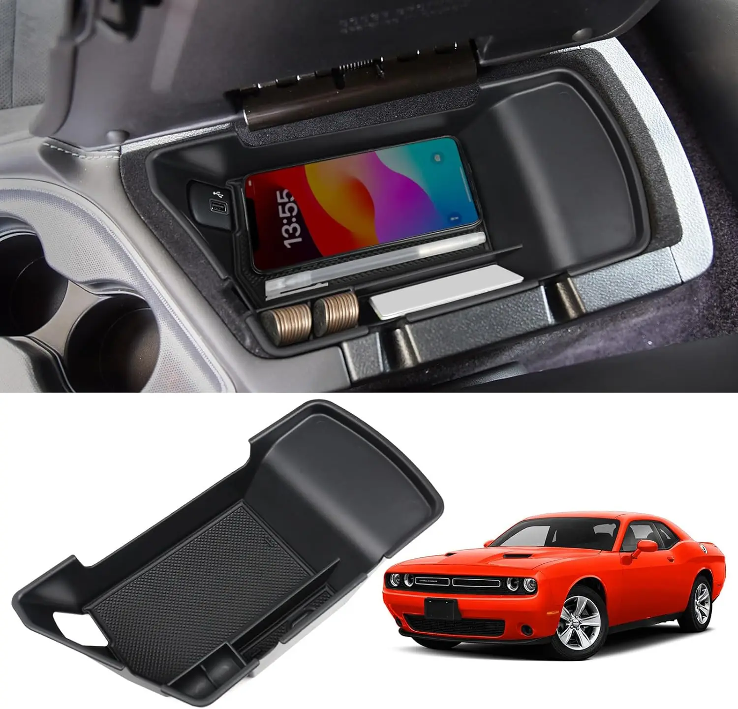 

Center Console Organizer Compatible with Dodge Challenger 2015 2016 2017 2018 2019 2020 2021 2022 2023 Accessories, Armrest Inse
