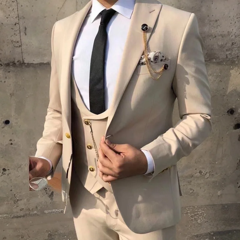 

Men's Beige Suits for Men Custom Slim Fit Italian Style Groom Tuxedo for Business Wedding 3 Pcs Male Fashion Jacket Vest Pants