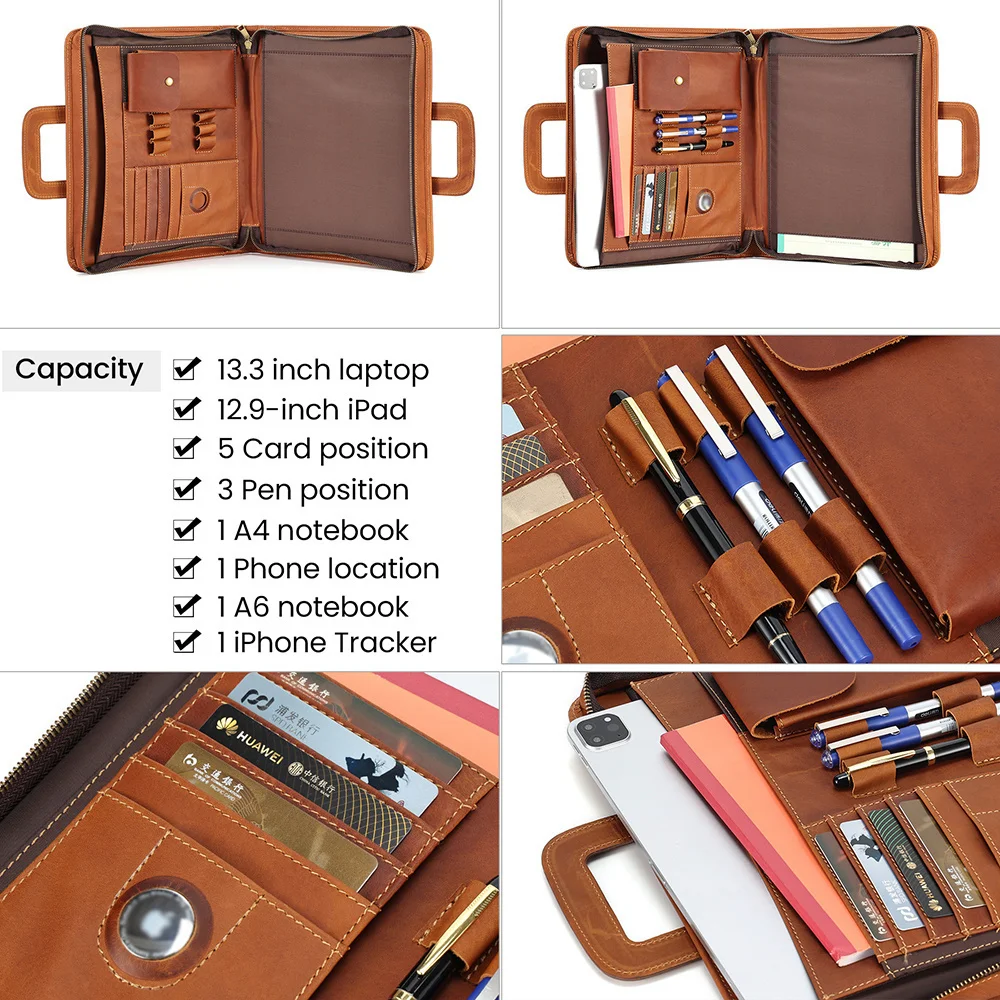 Verrückte Pferd Leder Aktentasche Portfolio Fall Männer Multi Pocket Pad folio Abdeckung Business-Dokument A4 Organizer Tablet-Halter