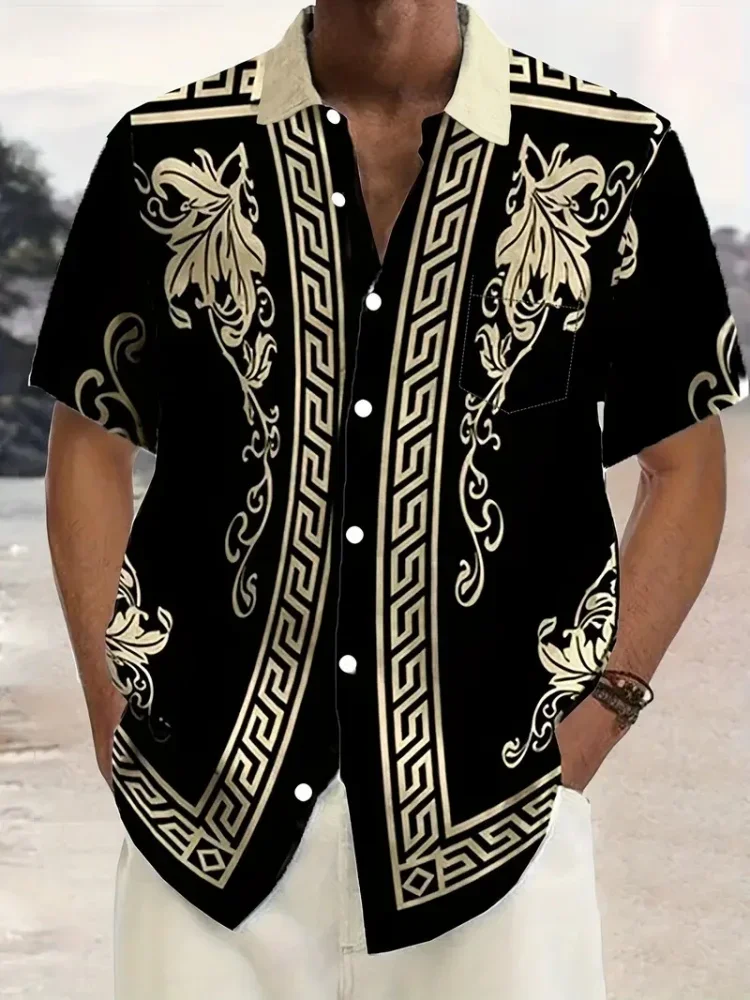 

Retro Men's Short Sleeve Shirt Gold Baroque Chain Pattern Summer Banquet Street Wear Luxurious Printed Casual Men Clothing