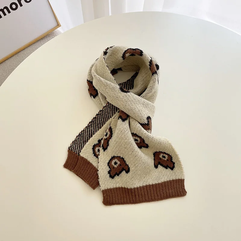 Winter Warm Baby Kids Scarf for Boys Girls Cute Bear Casual Striped Plaid Knitted Woolen Long Children Scarves 2-8 years old