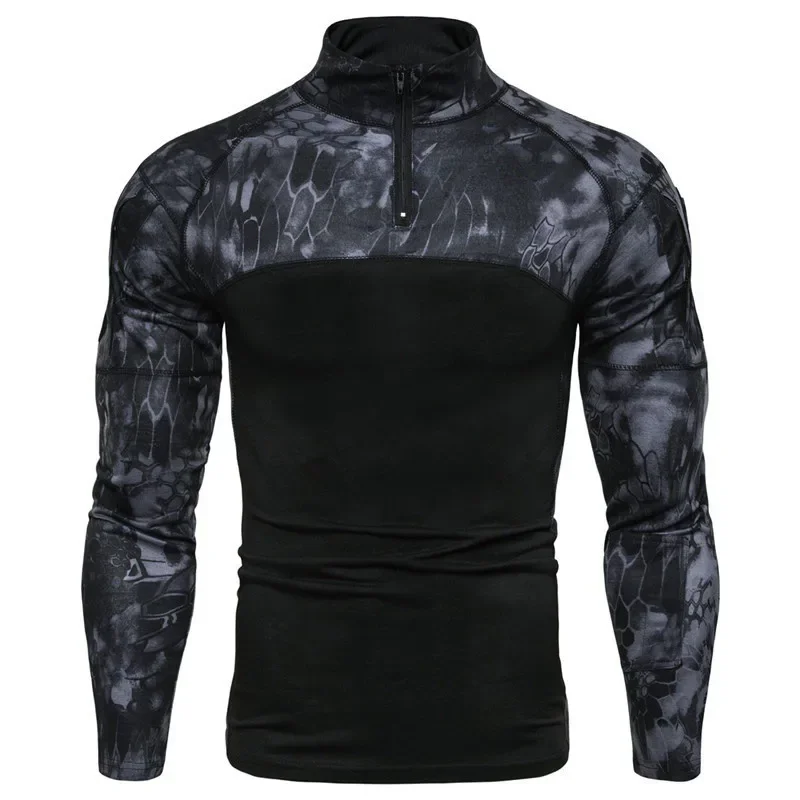 Long Sleeve Camouflage Polo Shirt Elastic Slim Fit Casual Stand Collar Cotton Autumn Youth Tactical T-shirt