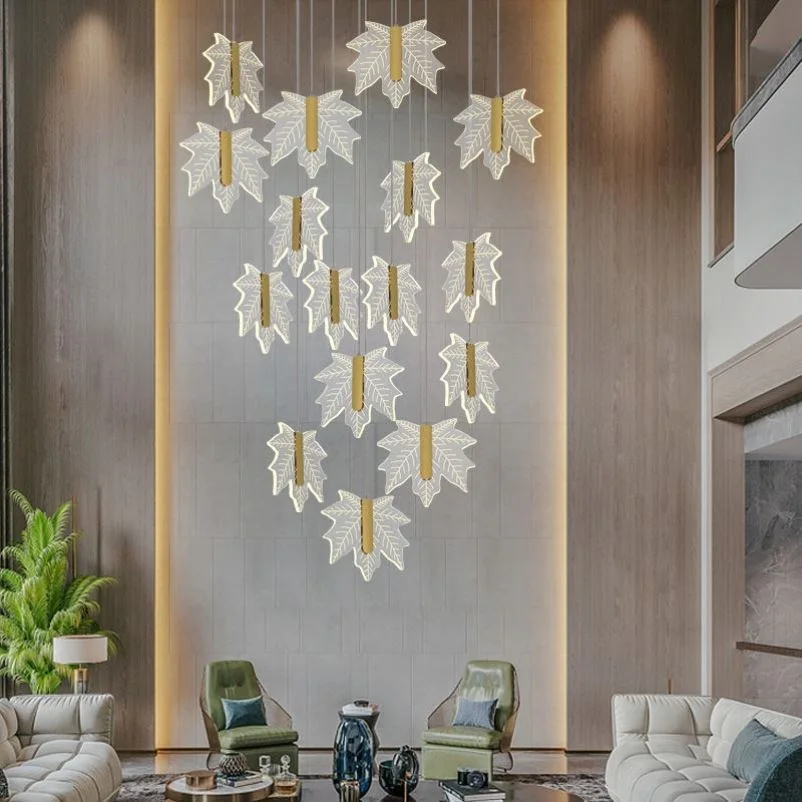 Modern Maple Leaf Staircase Long Pendant Lamp Light Luxury Duplex Villa Living Room Hollow Chandelier