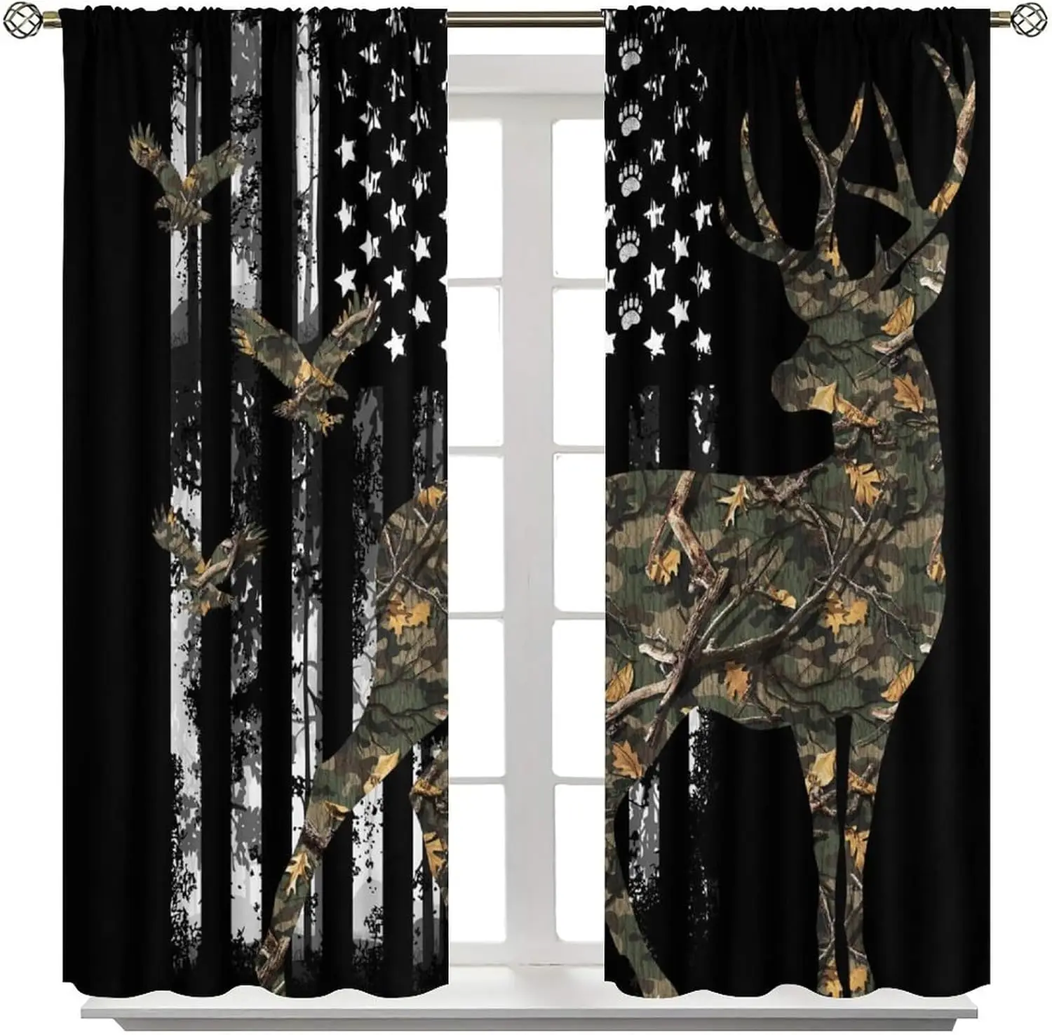 Hunting Deer Elk Curtains Vintage Rustic Lodge Camouflage Forest Tree Duck Flag Window Drapes for Farmhouse Bedroom Living Room