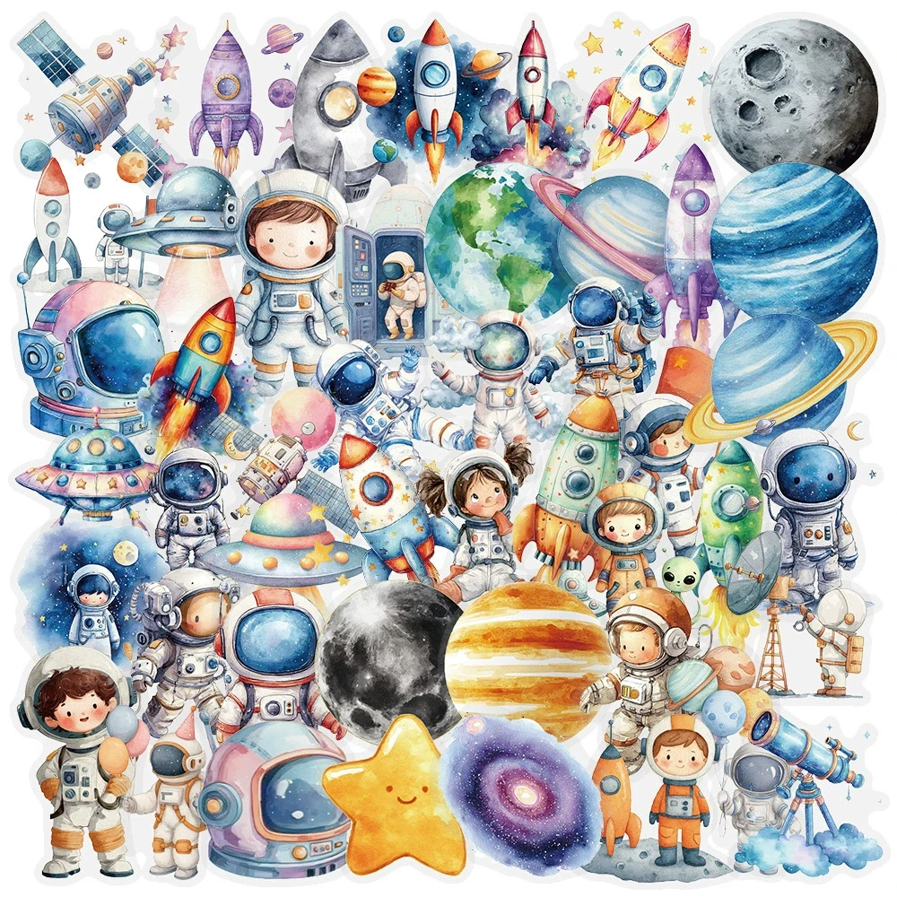 10/30/50pcs Kawaii Cartoon Space Astronaut Planet Stickers Cute Decoration Sticker Luggage Phone Laptop Transparent Decals Pack