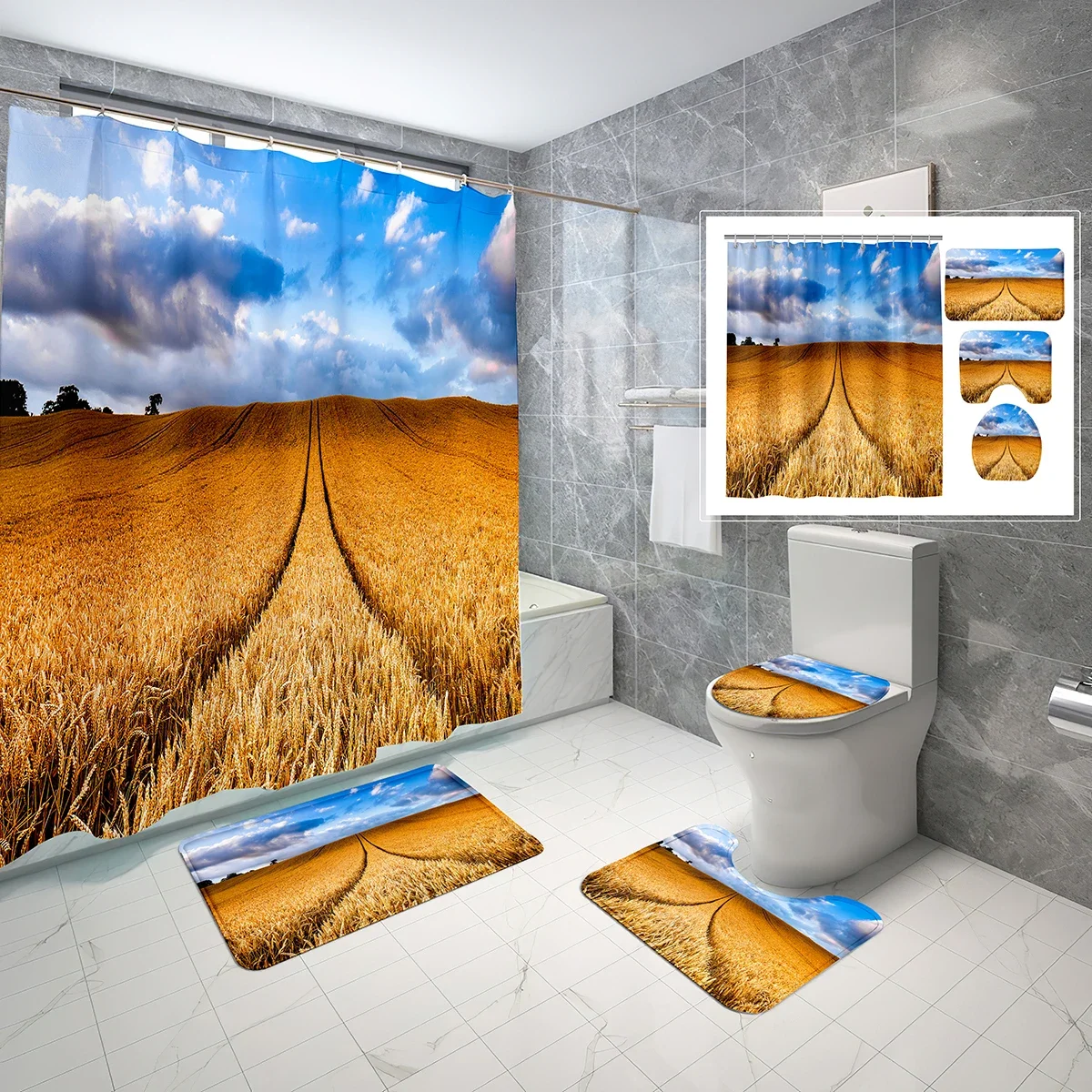 4 PCS Wheat Field Shower Curtain Sets,Nature Rustic Farmland Theme Non-Slip Bath Mat Toilet Cover Bathroom Shower Curtain Set