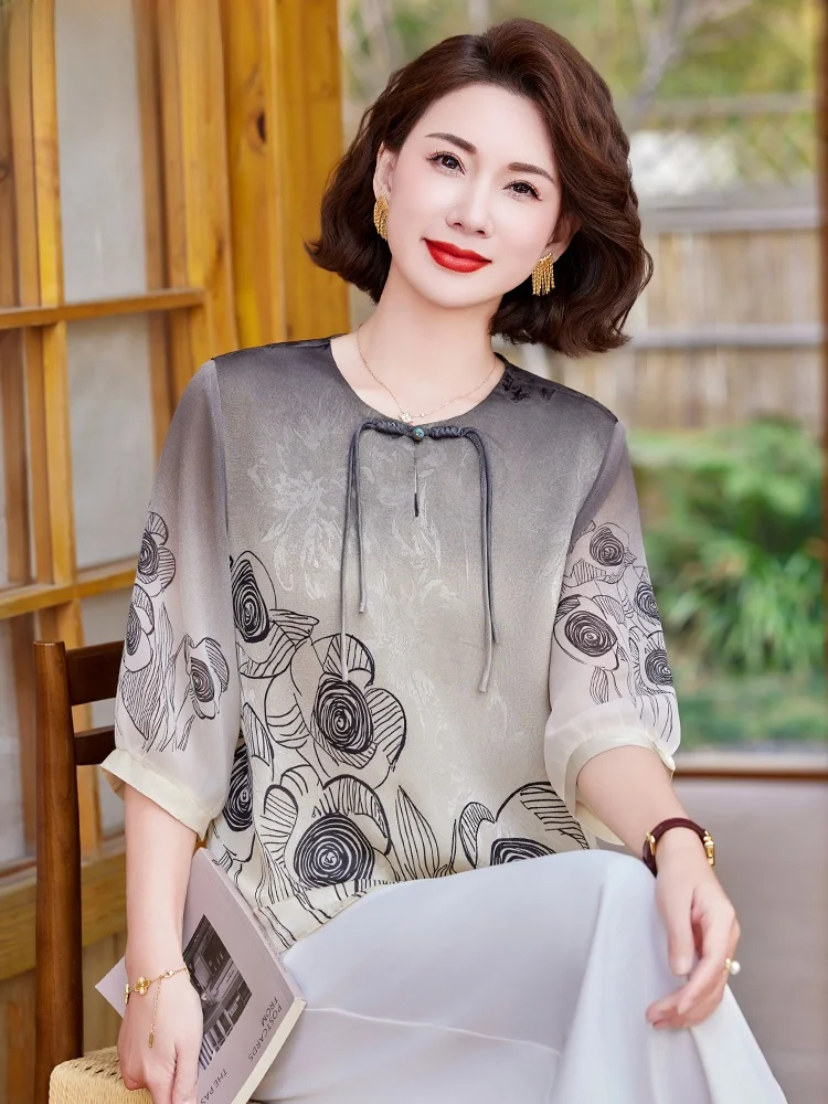 

New Chinese Sle Mommy Autumn Outfit Chiffon irt Set 7/8 Sve Women's Two-Piece Set Loose Fit round Ne Faionable