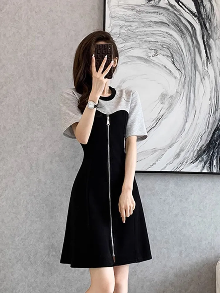 Color Block Casual T-Shirt Dress Women's Summer High Waist Slimming Fake Two-Piece Black Skirt Korean Style round Neck A-Line...