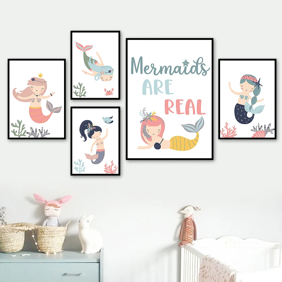 Mermaid Girls Coral Fish Growth Quotes Wall Art Minimalist Aesthetics Print Canvas Painting for Living Room Modern Home Decor