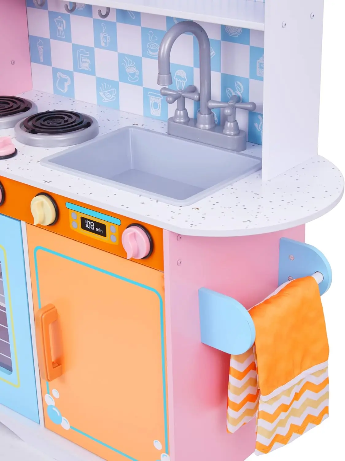 Set da cucina per bambini, finta cucina da gioco in legno con lavagna, telefono da gioco, portasciugamani e distributore di ghiaccio, manopole a scatto, pentole e U