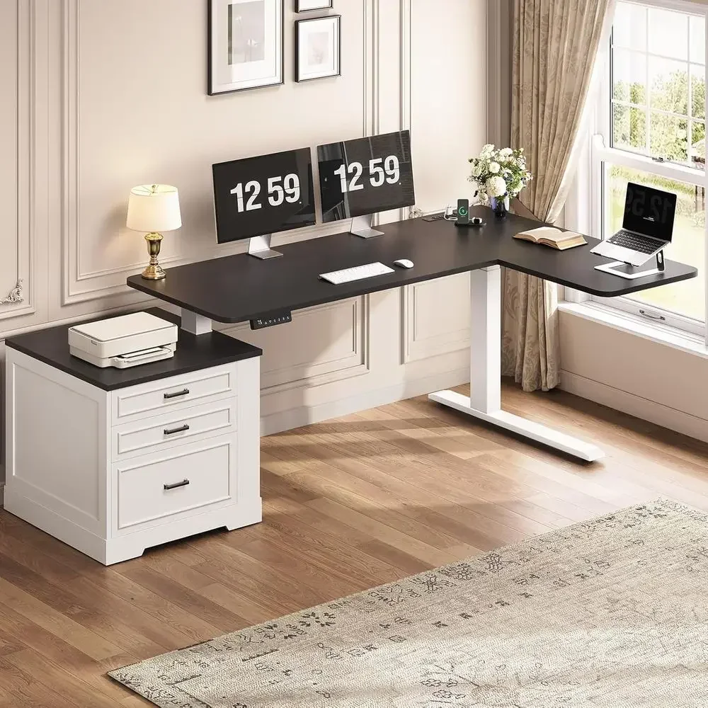 L-Shaped Electric Standing Desk, 70.9 x 39.4 Adjustable Height Office Desk with 3 Drawers, White