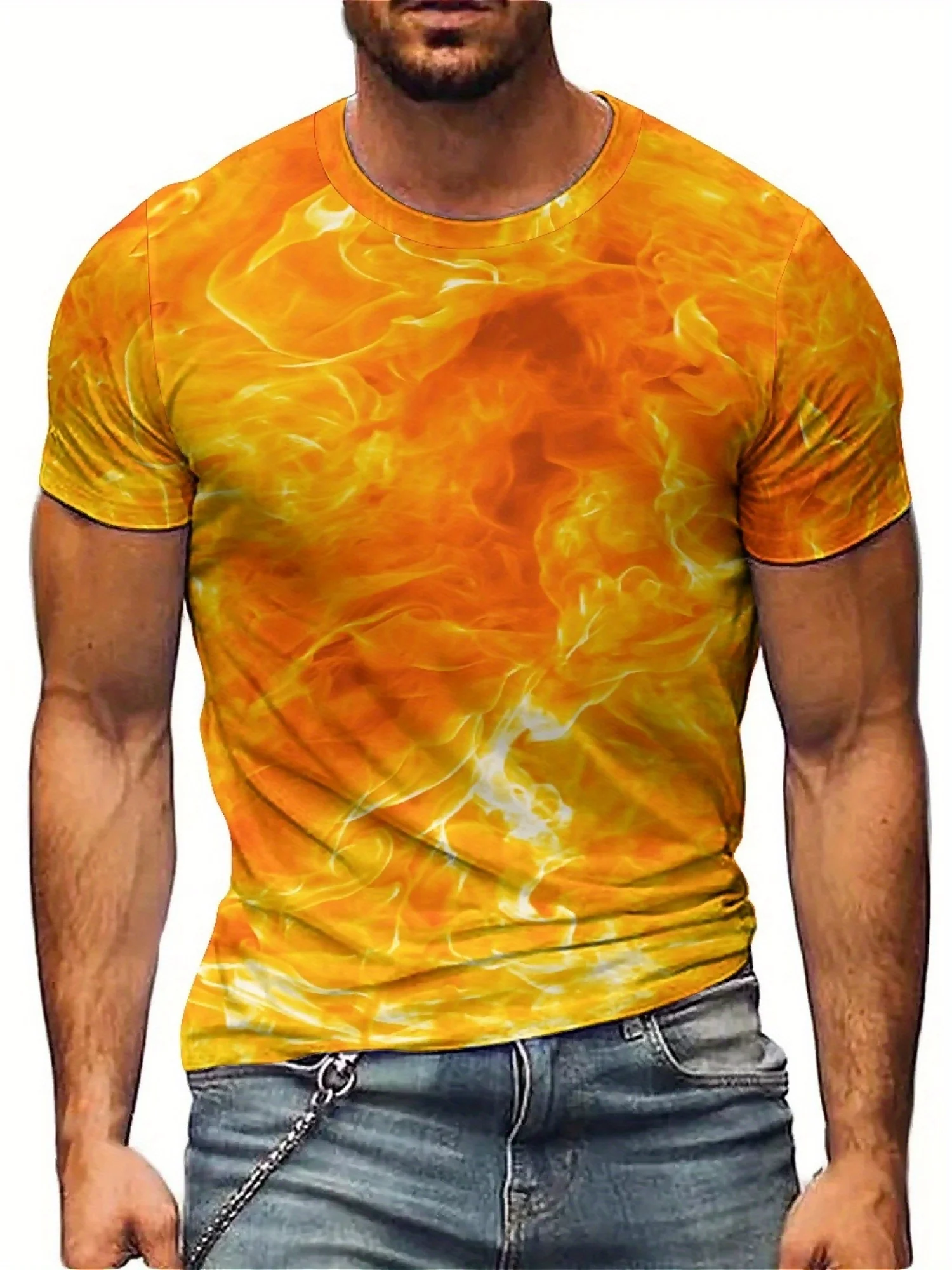 

Men'S Vibrant Flame 3D Print T-Shirt - Cool Hip-Hop Rock Style, Loose Fit, Soft & Breathable Polyester