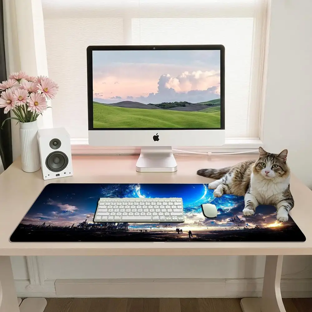 Large Anime Fantasy Gaming Mouse Pad Crystal Floating Castle Magical Blue Crescent Sky Epic Sci‑Fi alfombrillas para escritorio