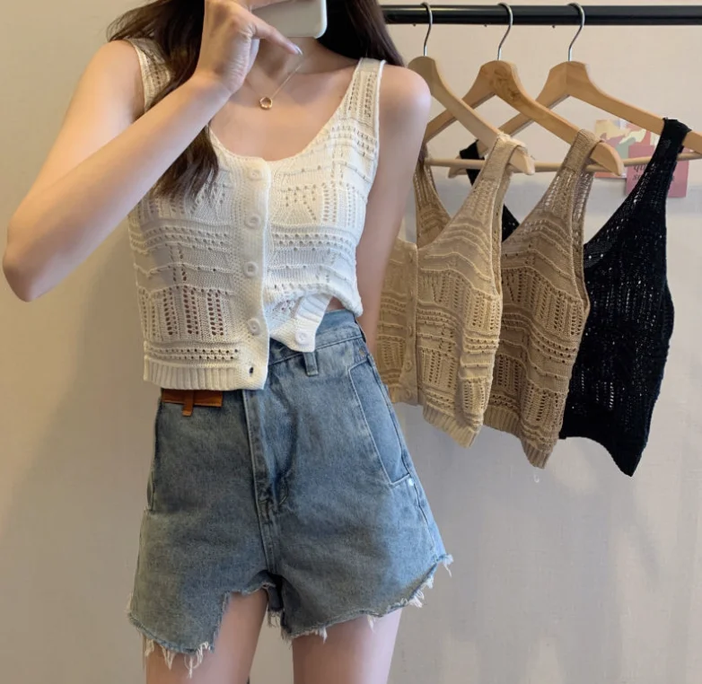 Spring And Summer New Knitted Hollow Sleeveless Solid Color Camisole Tank Top  For Women,4 Colors