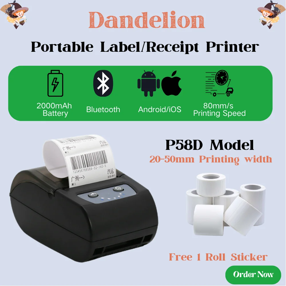 58mm Mini Thermal Printer Support Receipt And Label Printing Free Edit Software ESC/POS TSPL 2 Inch Bluetooth Sticker Printer