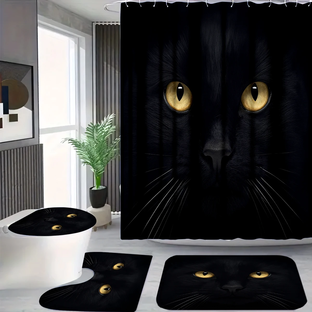 

4Pcs Black Cat Shower Curtain Set with Hooks, Mystic Yellow Eyes Print Waterproof Mildew Resistant Fabric Bath Mat for Family Bathroom Home Decor