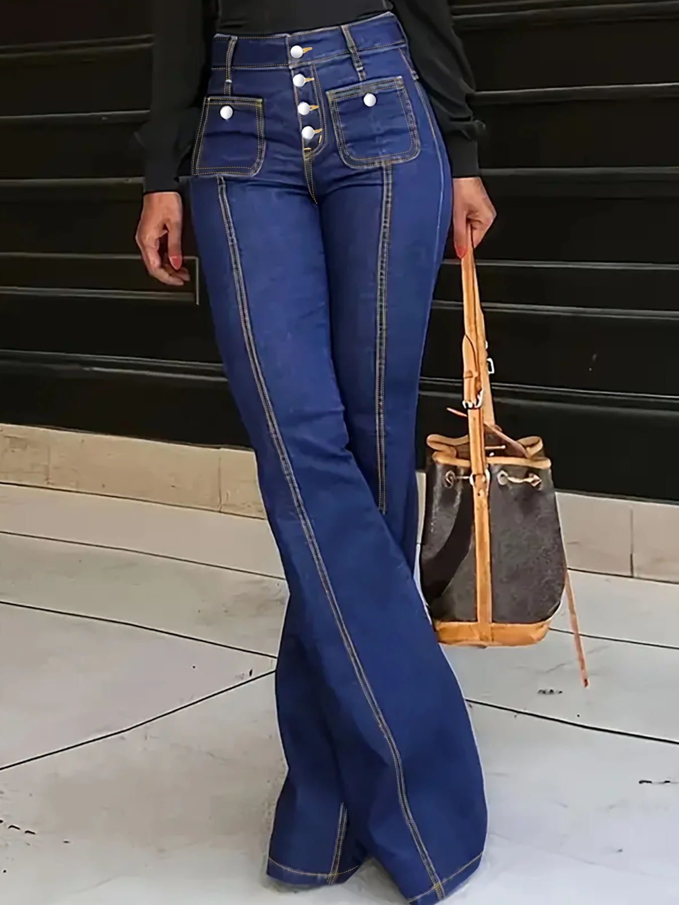 

Plus Size Women's Dark Blue Flare Jeans, Multi Button Waist, Patch Pockets, Contrast Stitch High Stretch Retro Denim Pants