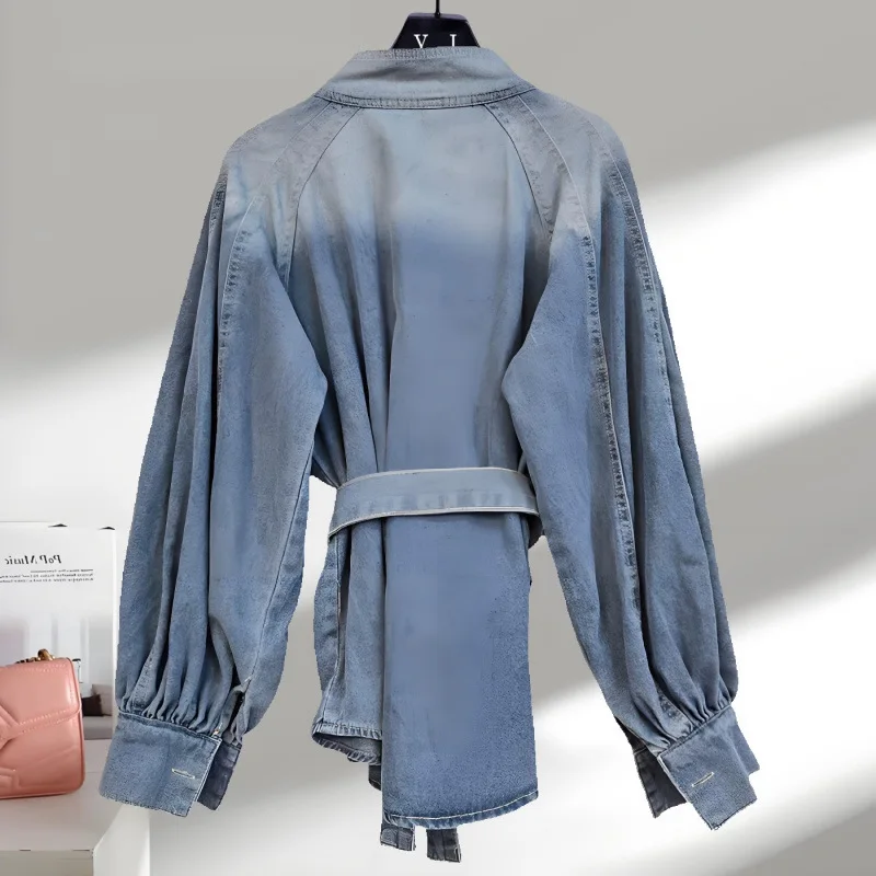 

Модная и стильная джинсовая рубашка в гонконгском стиле с легким зрелым завязкой на талии и воротником-стойкой, универсальная джинсовая рубашка для похудения