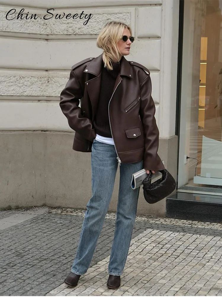 Chaqueta de cuero con cremalleras asimétricas para mujer, abrigo holgado con solapa lisa y bolsillos de manga larga, prendas de vestir elegantes para Otoño e Invierno 2025