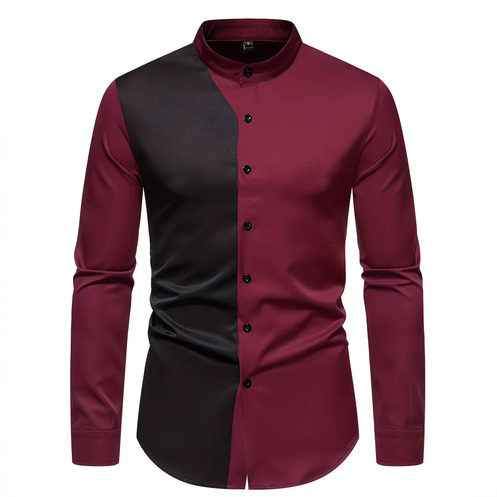 Men's Henry Collar Color Matching Long Sleeve Shirt Slim-fit Color Matching Business Shirt Four-sided Elastic Printing Shirt