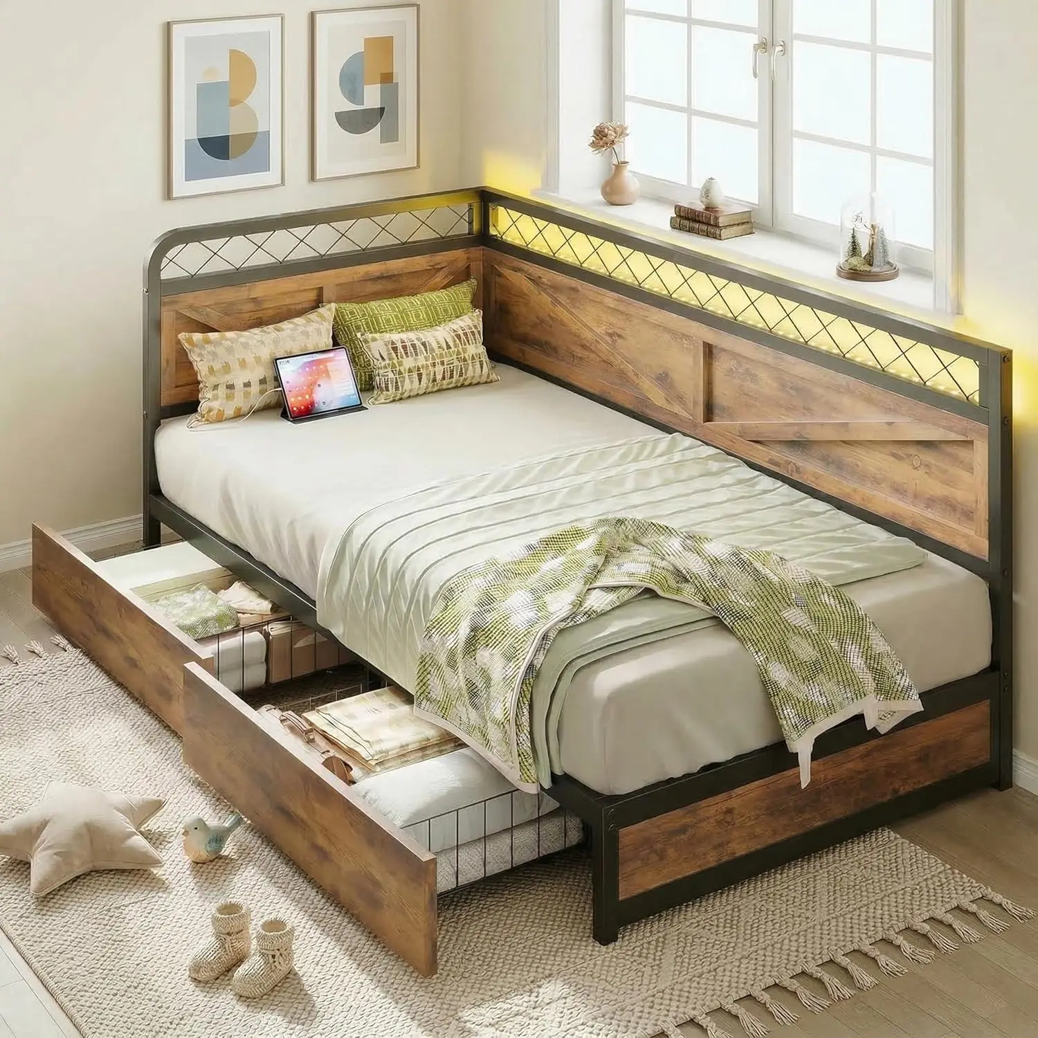 

Двуспальная кровать с угловым изголовьем, выдвижными ящиками для хранения, LED-подсветкой и зарядной станцией, без пружинного блока, усиленная конструкция, для гостиной и спальни, на заказ