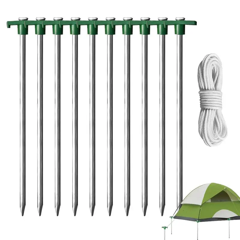 Tent Ground Pegs 10-Piece T-Shaped Metal Stakes With 4 Ropes For Tent Canopies 10.25-Inch Spikes For Gardening Canopies For Back