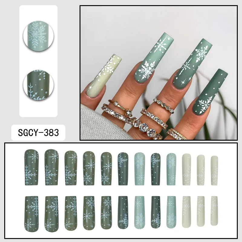 24 Pezzi Fiocco di Neve di Natale Unghie Lunghe Adesivi per Nail Art Verde Unghie Finte Festive Punte per Unghie Indossabili per le Vacanze