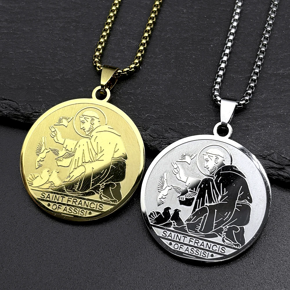 SAINT FRANCIS OF ASSISI PROTECTOR OF ANIMALS Pendant Necklace for Women Men Stainless Steel Christian Church Medal Jewelry Gift