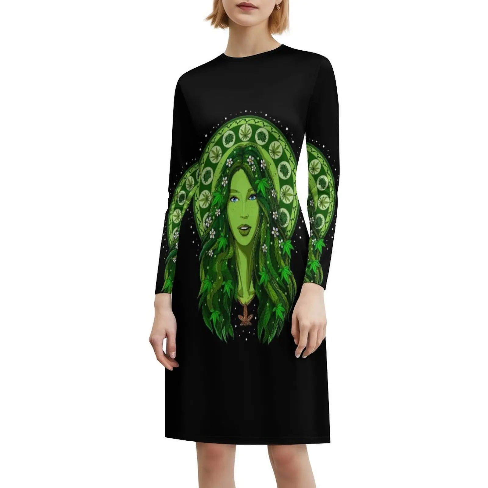 فستان حفلات أنيق للنساء من Weed Goddess على شكل حرف a مع خيارات قصيرة/طويلة/بدون أكمام من Weed Goddess Stoner Ganja Weed Weed