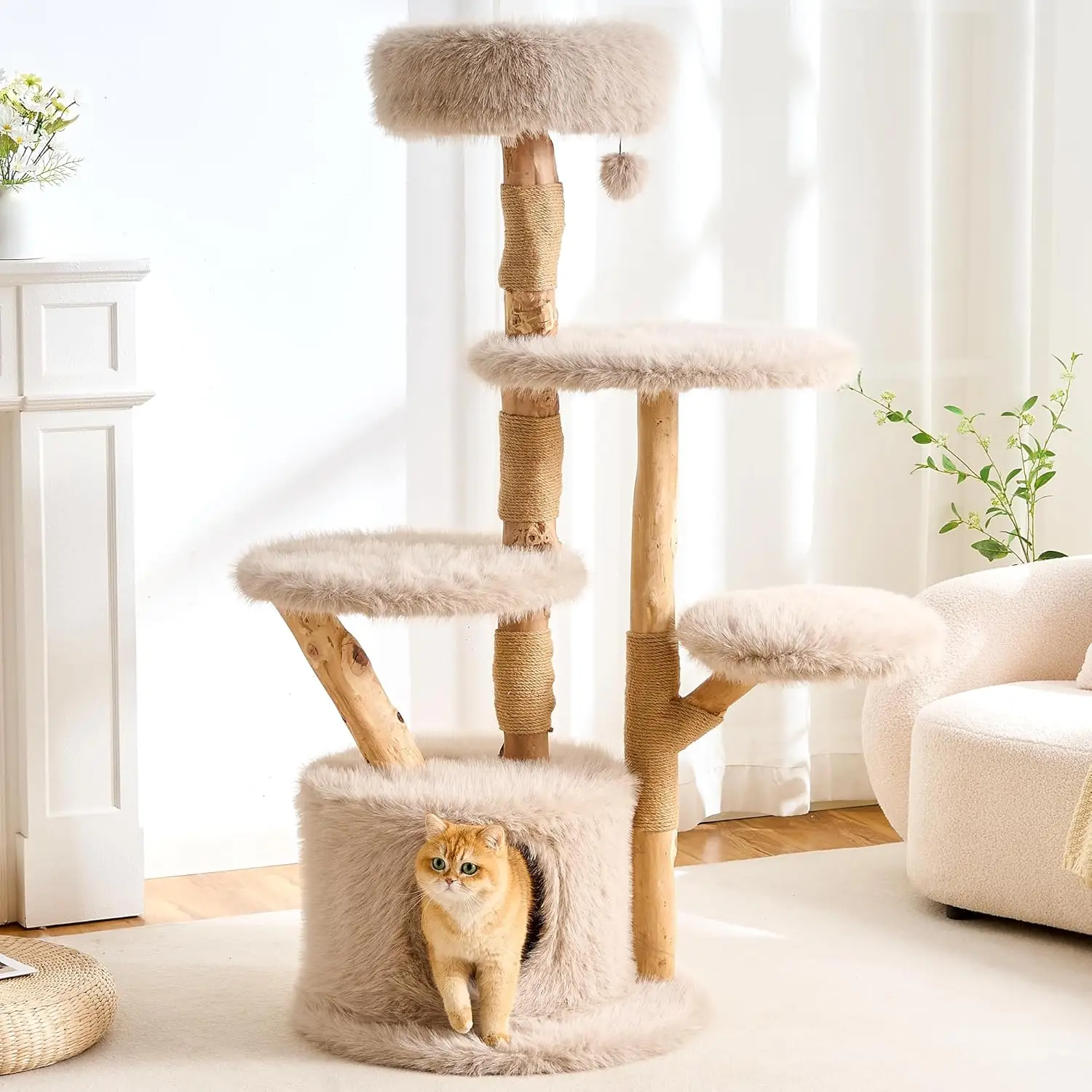 

Natural Wood Cat Tree Tower with Scratching Post Cozy Bed & Condo 56.8in Indoor Large Adult, Customized