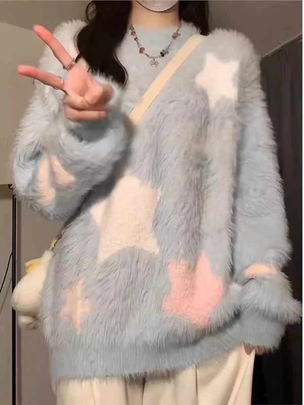 

Women's Thiened Fce Sweater Water Rabbit Fur Knitted Outerwear Autumn Winter High School Students Large Children's Clothes