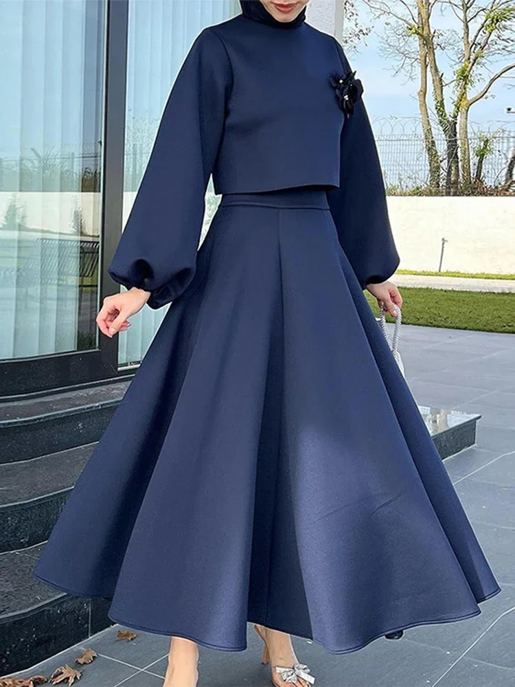 Ramadan Elegant 2 Piece Set Women Lantern Sleeve Flower Crop Top High Waist A-line Skirt Suit 2024 Spring Lady Abaya Turkey Sets