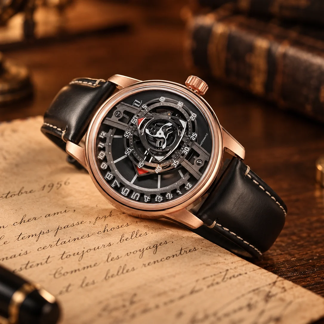 OBLVLO Men's Rose Gold Black Dial Rotary Engine 42mm Automatic Watch with Genuine Leather Jump Hour Miyota 8215 Movement JM-RT