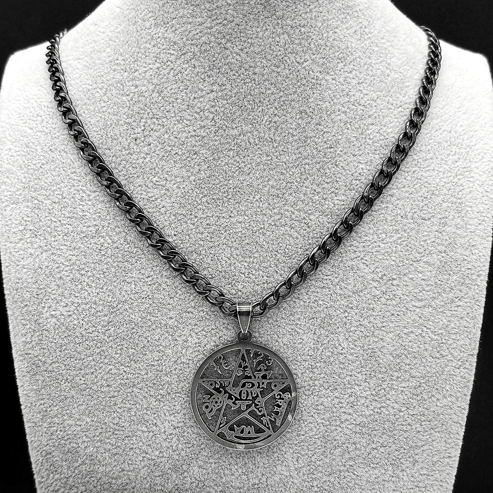 Jewish Tetragrammaton Hebrew Pentagram Stainless Steel Pendant Necklaces for Women Men Gun Black Color Pentacle Chain Jewelry